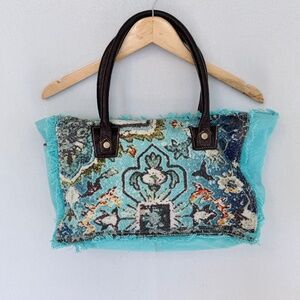 MYRA BAG Turquoise Aqua Blue Canvas Floral Print Leather Handles Tote